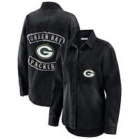 Veste-chemise oversize en denim délavé noir à boutons-pression des Packers de Green Bay pour femme par Erin Andrews