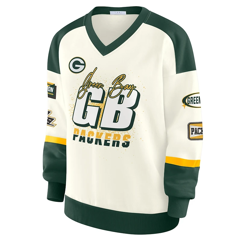 Sweat-shirt à col en V crème WEAR by Erin Andrews pour femme, édition limitée Green Bay Packers Racing