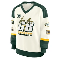 Sweat-shirt à col en V crème WEAR by Erin Andrews pour femme, édition limitée Green Bay Packers Racing