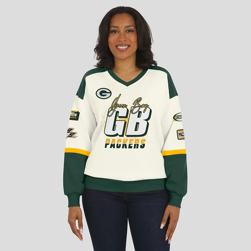 Sweat-shirt à col en V crème WEAR by Erin Andrews pour femme, édition limitée Green Bay Packers Racing