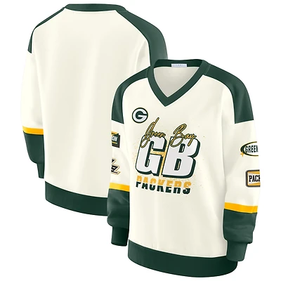 Sweat-shirt à col en V crème WEAR by Erin Andrews pour femme, édition limitée Green Bay Packers Racing
