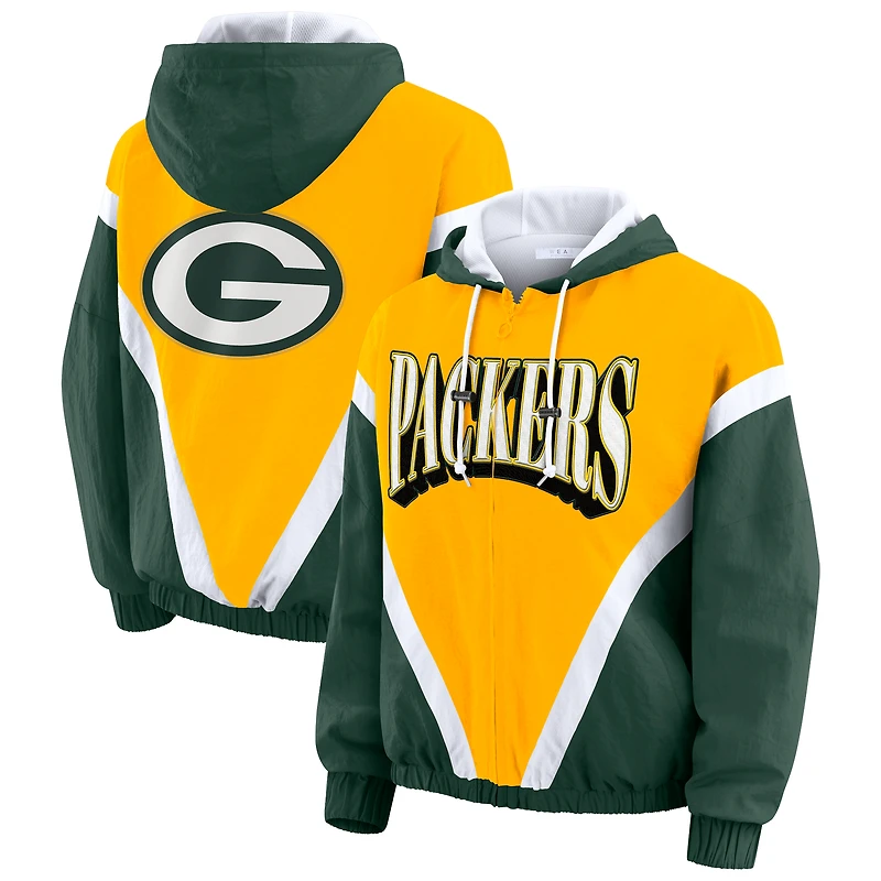 Women's WEAR by Erin Andrews Gold/Green Green Bay Packers Plus Retro Crinkle Full-Zip Hoodie Windbreaker Jacket