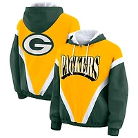 Veste coupe-vent à capuche entièrement zippée et froissée rétro grande taille pour femme par Erin Andrews, couleur or/vert, des Green Bay Packers