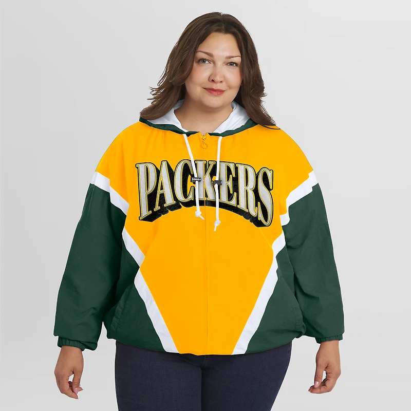 Veste coupe-vent rétro froissée à fermeture éclair complète pour femme WEAR by Erin Andrews, couleur or/vert, grande taille, des Green Bay Packers