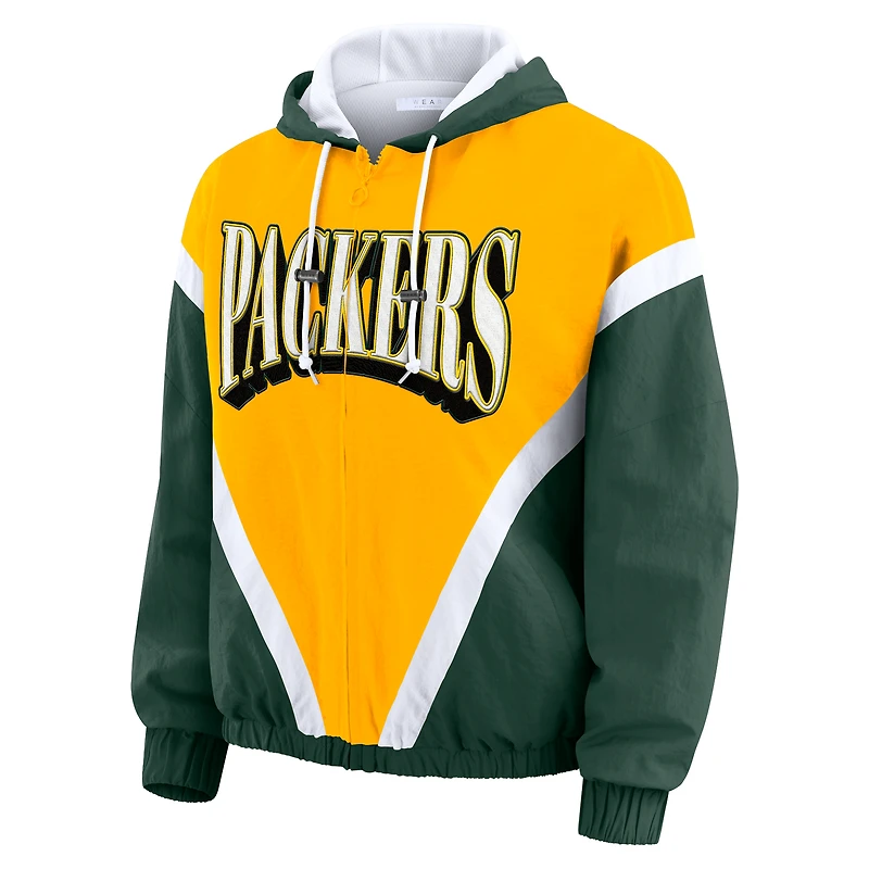 Women's WEAR by Erin Andrews Gold/Green Green Bay Packers Retro Crinkle Full-Zip Hoodie Windbreaker