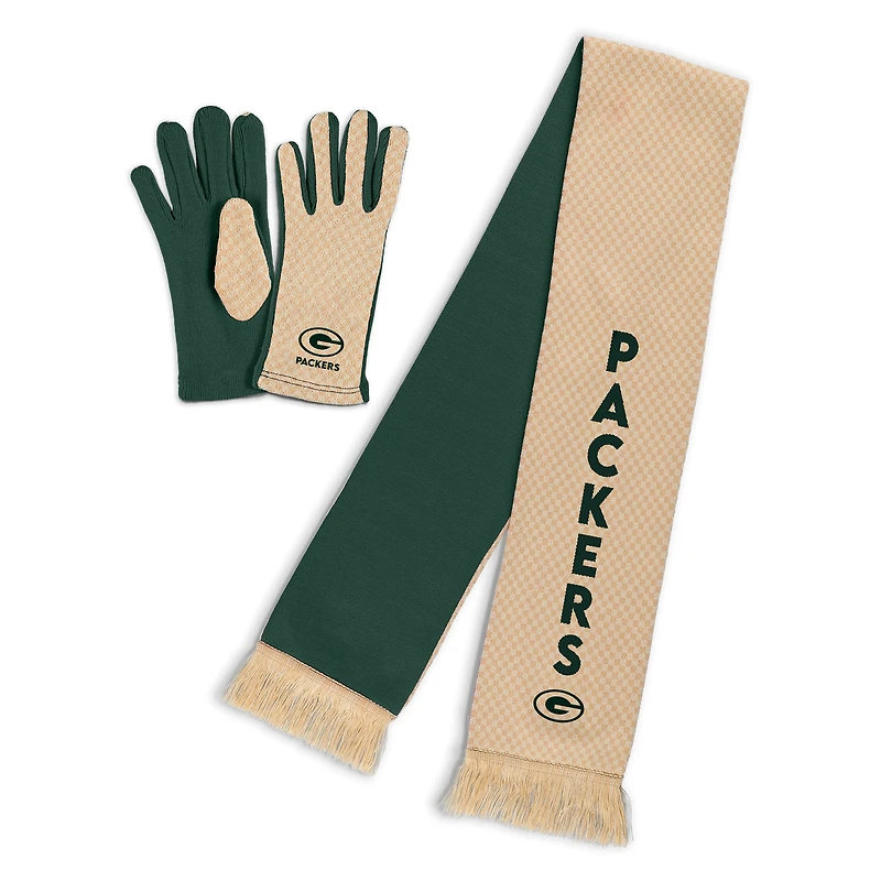 Women's WEAR by Erin Andrews Green Bay Packers Tonal Microcheck Scarf & Glove Set