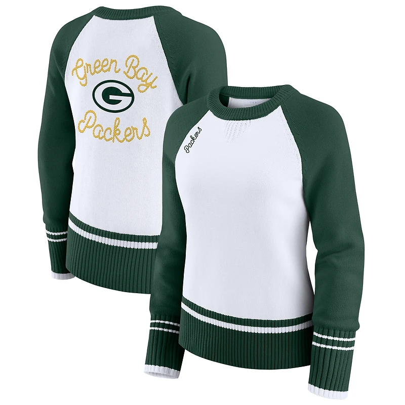 Women's WEAR by Erin Andrews White/Green Green Bay Packers Colorblock Raglan Sweater