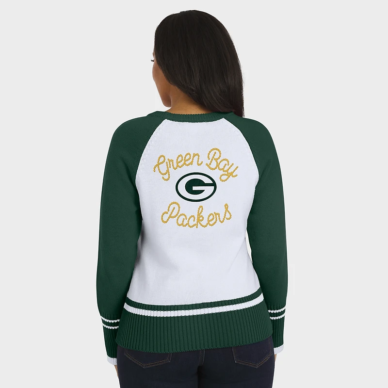 Pull raglan colorblock blanc/vert des Green Bay Packers pour femme par Erin Andrews