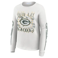Women's WEAR by Erin Andrews  White Green Bay Packers Graphic Waffle Long-Sleeve T-Shirt