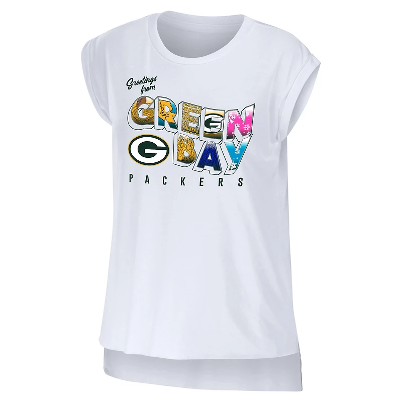 Women's WEAR by Erin Andrews White Green Bay Packers Greetings From Muscle T-Shirt