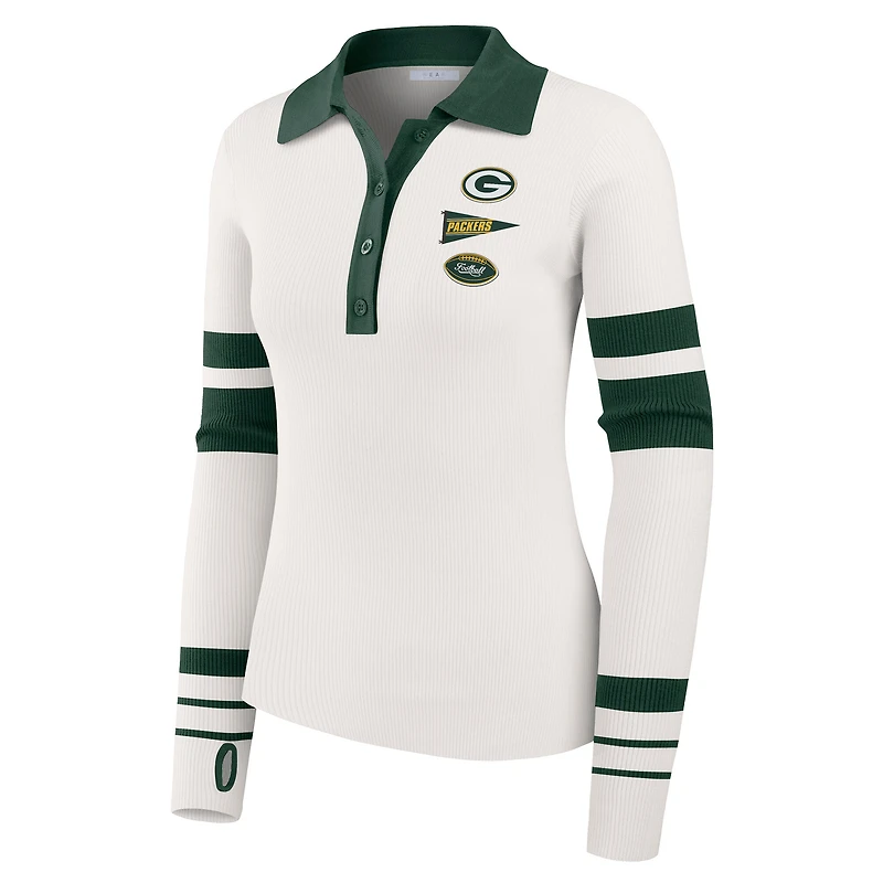 Pull polo côtelé Henley blanc des Green Bay Packers pour femme par Erin Andrews