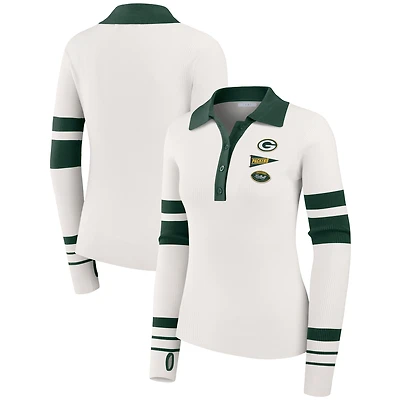 Pull polo côtelé Henley blanc des Green Bay Packers pour femme par Erin Andrews