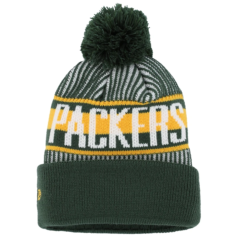 Bonnet en tricot rayé à revers pour jeune New Era vert Green Bay Packers avec pompon
