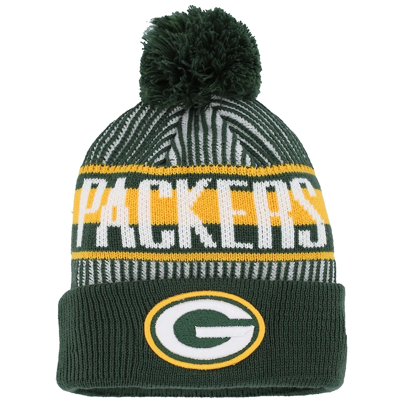 Bonnet en tricot rayé à revers pour jeune New Era vert Green Bay Packers avec pompon