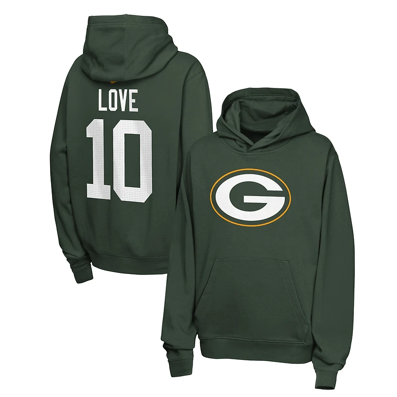 Sweat à capuche en polaire Nike Jordan Love Green Bay Packers pour enfant, avec nom et numéro.