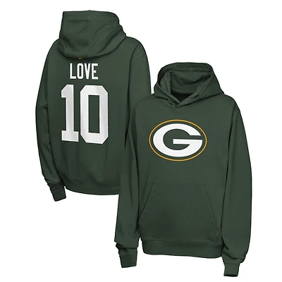 Sweat à capuche en polaire Nike Jordan Love Green Bay Packers pour enfant, avec nom et numéro.