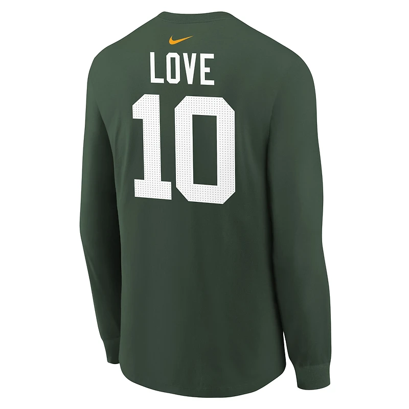 T-shirt à manches longues Nike Jordan Love Green pour jeune, avec nom et numéro de joueur des Bay Packers