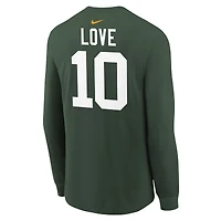 T-shirt à manches longues Nike Jordan Love Green pour jeune, avec nom et numéro de joueur des Bay Packers