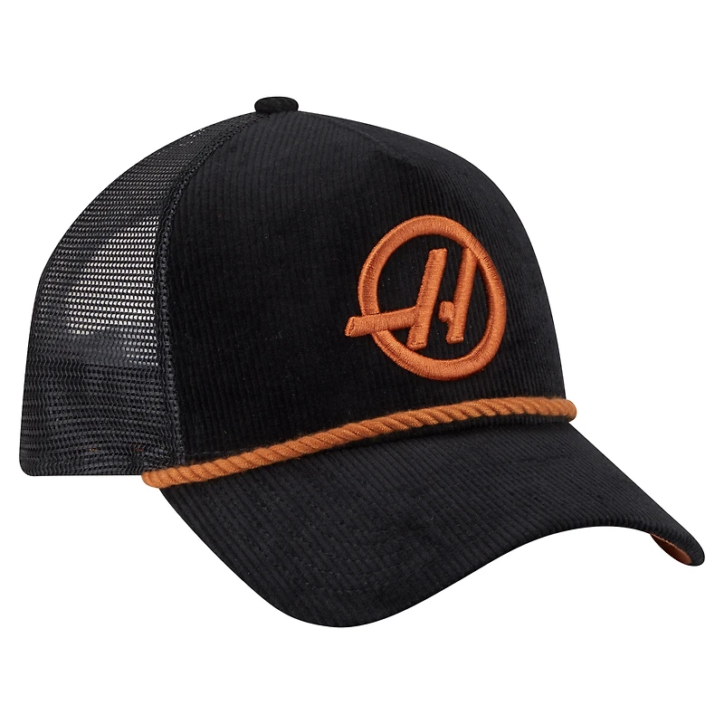 Men's New Era  Black Haas F1 Team Rope Corduroy E-Frame Trucker Adjustable Hat