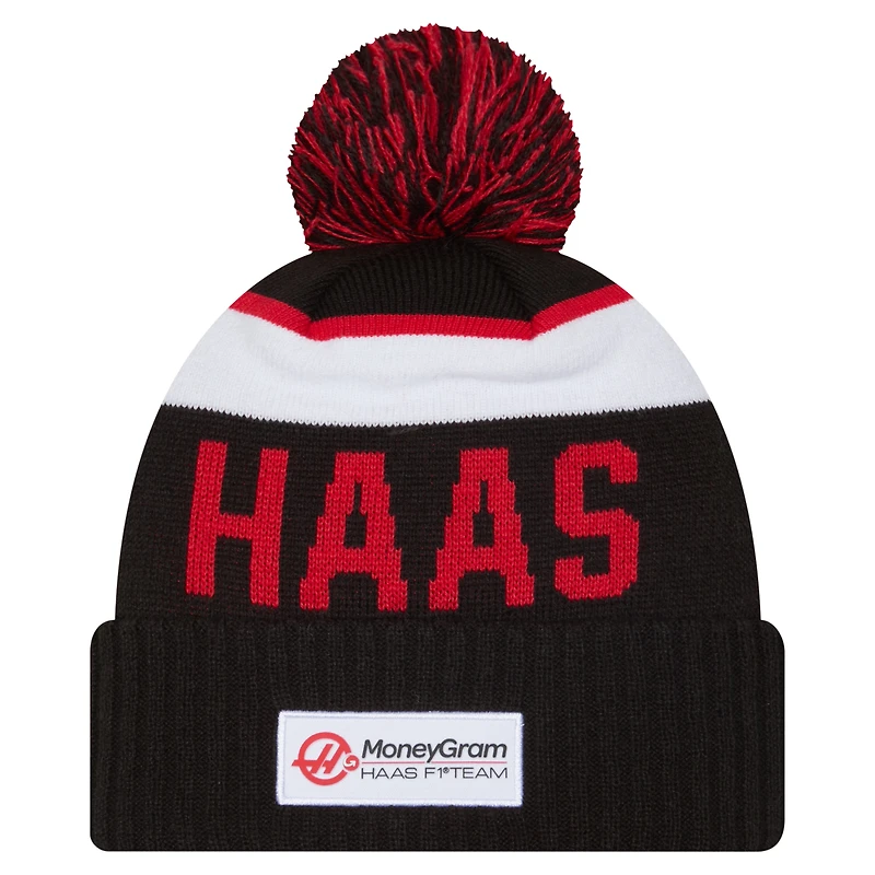 Men's New Era  Black Haas F1 Team Wordmark Sport Cuffed Knit Hat with Pom