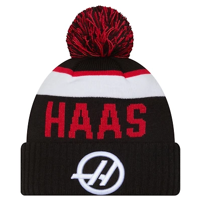 Men's New Era  Black Haas F1 Team Wordmark Sport Cuffed Knit Hat with Pom