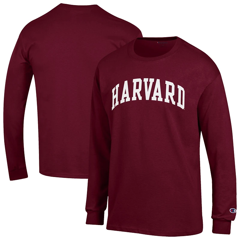 Men's Champion Heather Gray Harvard Crimson Basic Arch Long Sleeve T-Shirt