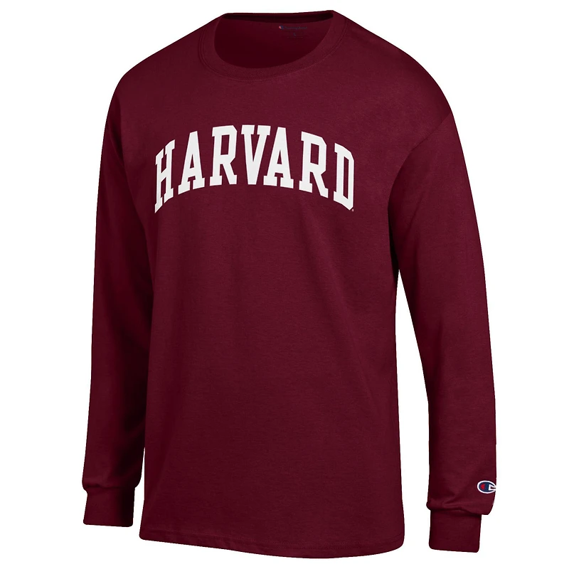 Men's Champion Heather Gray Harvard Crimson Basic Arch Long Sleeve T-Shirt