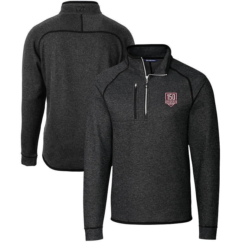 Men's Cutter & Buck  Heather Charcoal Harvard Crimson Football 150th Anniversary Big Tall Mainsail Sweater-Knit Half-Zip Pullover Top