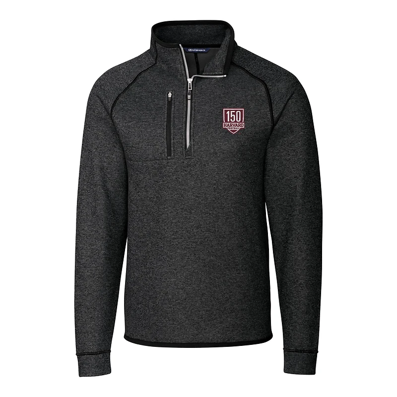 Men's Cutter & Buck  Heather Charcoal Harvard Crimson Football 150th Anniversary Big Tall Mainsail Sweater-Knit Half-Zip Pullover Top