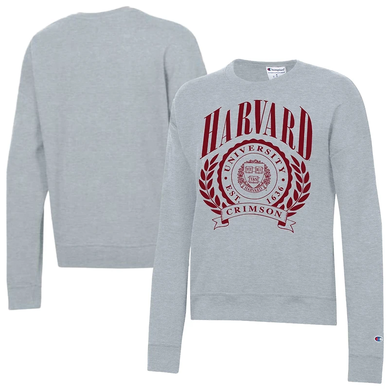 Women's Champion Heather Gray Harvard Crimson Academic Crest Powerblend Crewneck Sweatshirt