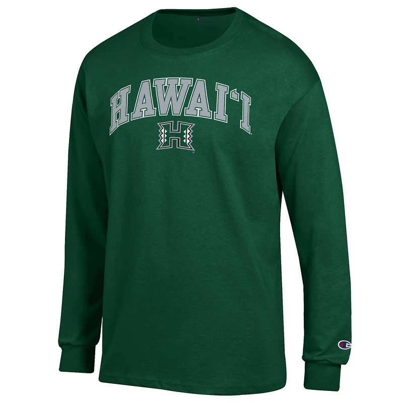 T-shirt à manches longues pour homme Champion Green Hawaii Rainbow Warriors avec logo Arch Over