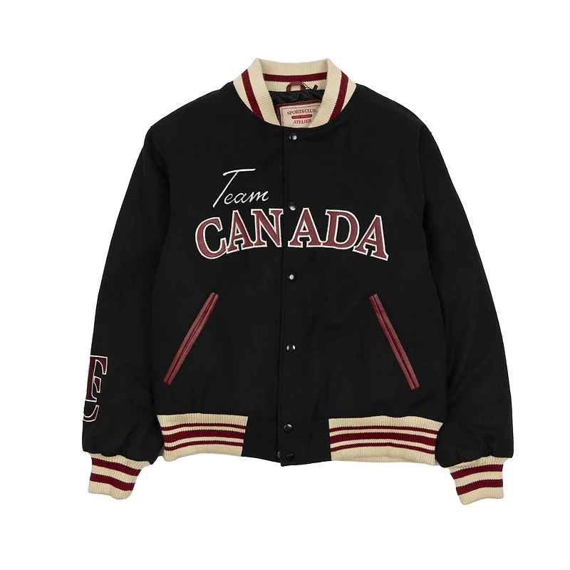 Women's SPORTS CLUB ATELIER Black Hockey Canada Leaf & Legacy Full-Snap Varsity Bomber Jacket
