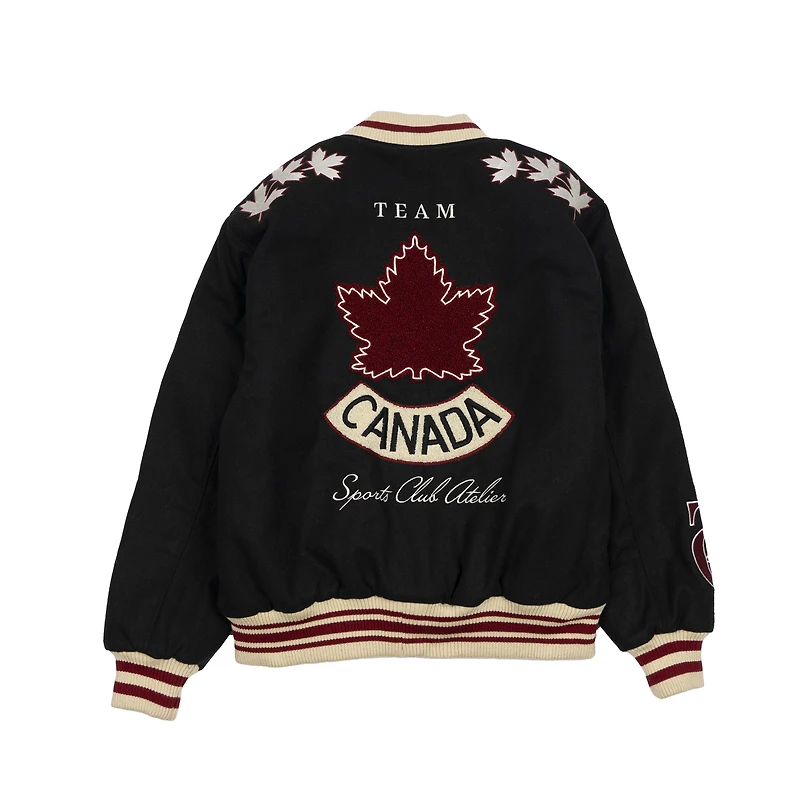 Veste bomber universitaire à boutons-pression noirs Hockey Canada Leaf & Legacy pour femmes de SPORTS CLUB ATELIER