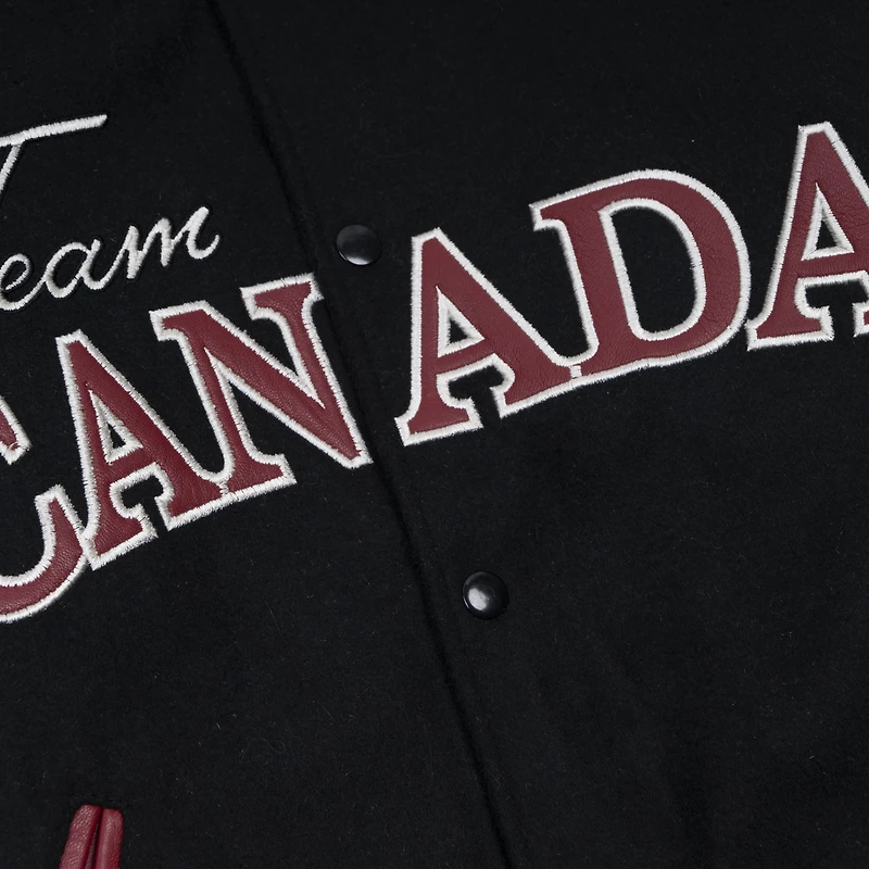 Women's SPORTS CLUB ATELIER Black Hockey Canada Leaf & Legacy Full-Snap Varsity Bomber Jacket