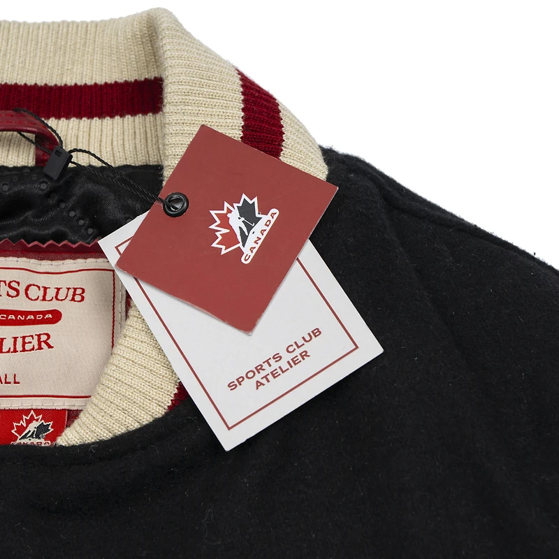 Women's SPORTS CLUB ATELIER Black Hockey Canada Leaf & Legacy Full-Snap Varsity Bomber Jacket