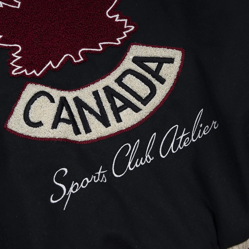 Women's SPORTS CLUB ATELIER Black Hockey Canada Leaf & Legacy Full-Snap Varsity Bomber Jacket