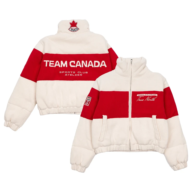 Veste d'hiver en maille zippée intégrale couleur crème de l'atelier SPORTS CLUB ATELIER pour femmes, Hockey Canada.
