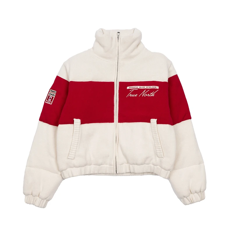 Veste d'hiver en maille zippée intégrale couleur crème de l'atelier SPORTS CLUB ATELIER pour femmes, Hockey Canada.