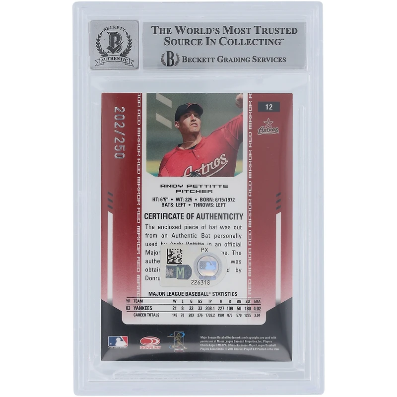 Andy Pettitte Houston Astros Autographié 2004 Donruss Leaf Matériaux Certifiés Miroir Chauve-Souris Rouge GU Relique #12 #/250 Beckett Fanatics Témoin Authentifié 10 Carte