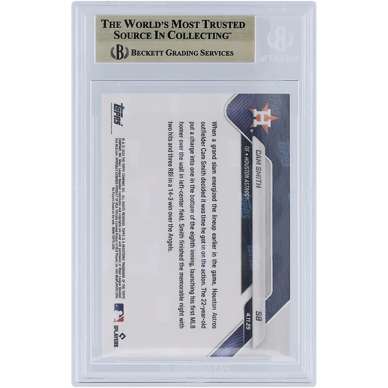 Cam Smith Houston Astros 2025 Topps Now 1st Big League Homer Caps Houston's Big Win Black Foil #58 #4/10 BGS Authenticated 9.5 Rookie Card