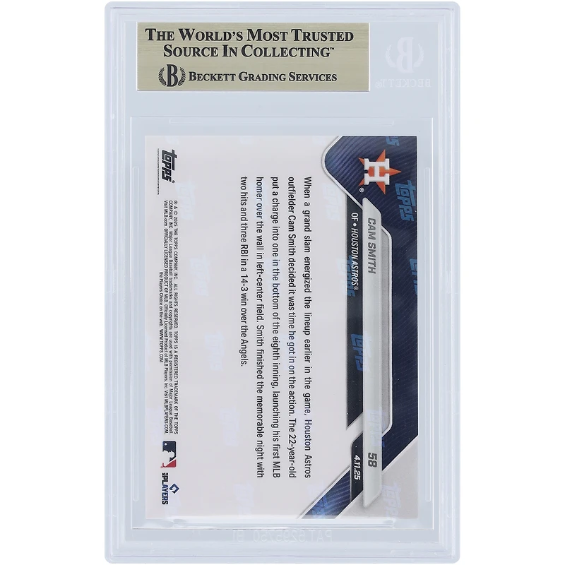 Cam Smith Houston Astros 2025 Topps Now 1st Big League Homer Caps Houston's Big Win #58 BGS Authenticated 10 Rookie Card - 10,9.5,10,10 Subgrades
