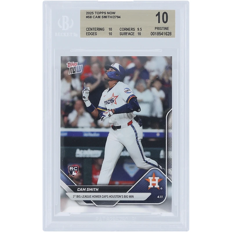 Carte recrue Cam Smith, Houston Astros, 2025 Topps Now : 1er circuit en Ligue majeure qui couronne la grande victoire de Houston - 58 - Authentifiée BGS - Notes : 10, 9,5, 10, 10