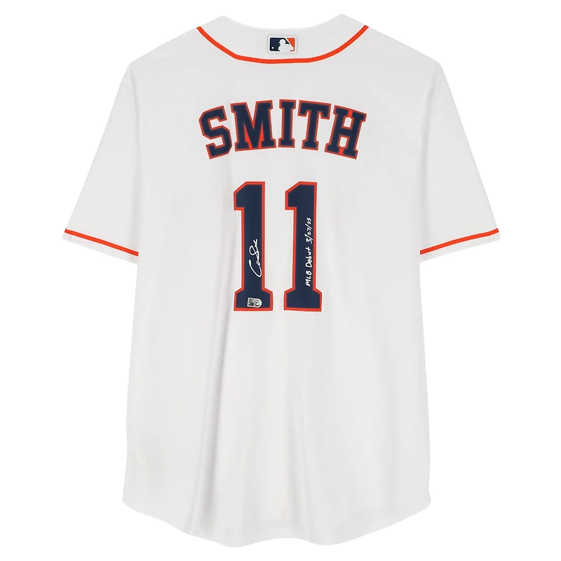 Maillot réplique blanc Nike autographié par Cam Smith des Astros de Houston avec inscription « Débuts en MLB le 27/03/2025 »