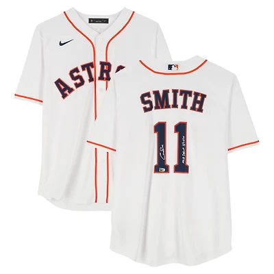 Maillot réplique blanc Nike autographié par Cam Smith des Astros de Houston avec inscription « Débuts en MLB le 27/03/2025 »