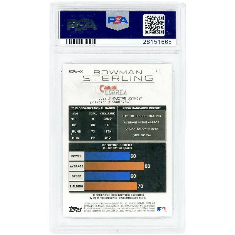 Carte de collection Superfractor 2014 Bowman Sterling Prospect de Carlos Correa (Houston Astros), autographiée #BSPA-CC #1/1 et authentifiée par PSA (10 cartes).