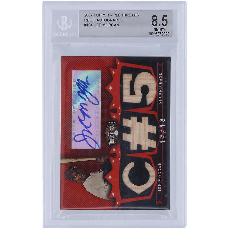 Carte relique authentifiée 8,5" Topps Triple Threads 2007 autographiée par Joe Morgan des Houston Astros, utilisée lors du match, n° TTRA-104 n° 17/18 BGS