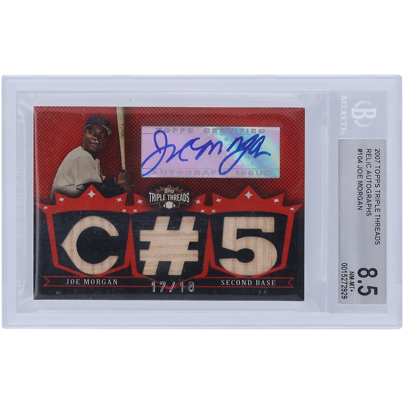 Carte relique authentifiée 8,5" Topps Triple Threads 2007 autographiée par Joe Morgan des Houston Astros, utilisée lors du match, n° TTRA-104 n° 17/18 BGS
