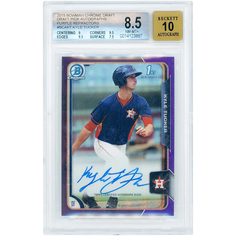Carte autographiée par Kyle Tucker des Astros de Houston, série Bowman Chrome Draft Pick 2015, Purple Refractors #BCA-KT #18/250, authentifiée par BGS, note 8,5/10 (sous-notes : 9, 9,5, 9,5, 7,5).