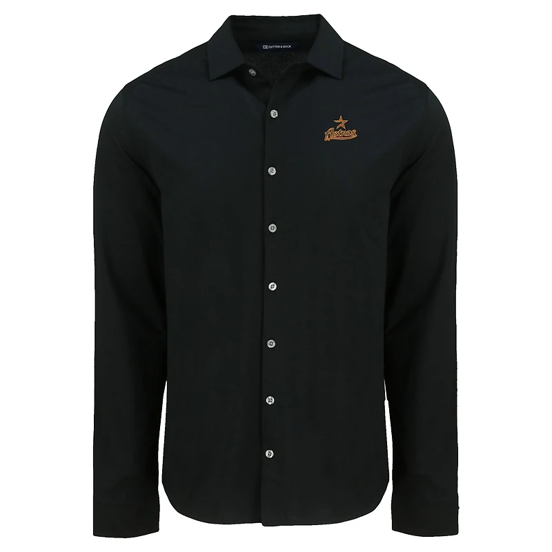 Men's Cutter & Buck Black Houston Astros Knitted Advantage Tri-Blend Eco Soft Pique Long Sleeve Button-Up Shirt