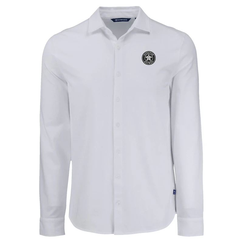 Chemise boutonnée à manches longues en piqué doux écologique tri-blend pour homme, blanche, des Astros de Houston, Cutter & Buck